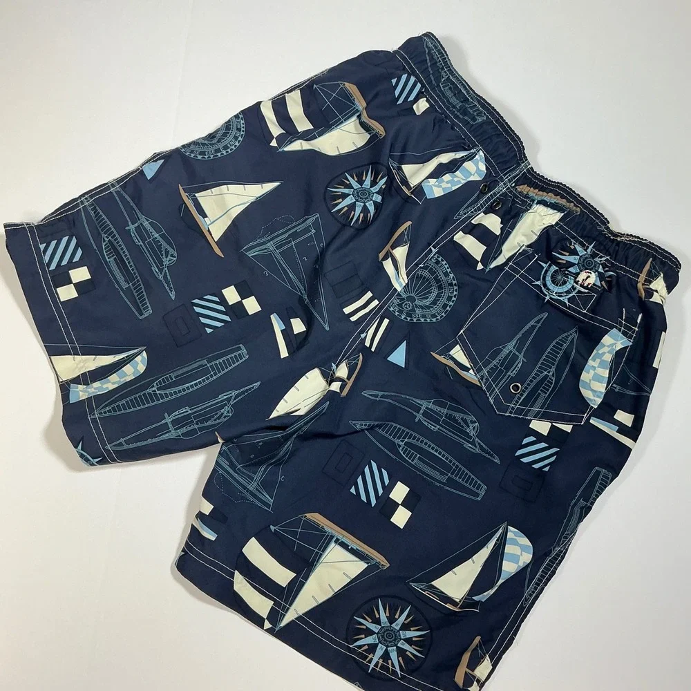 Lands End Nautical Sailboat Swim Trunks Elastic Waist Casual Shorts Medium 32-34